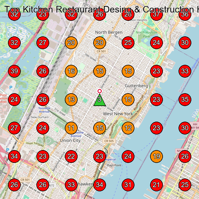 Top Kitchen Restaurant Desing & Construction Hoods & Equipment GeoGrid visibility map for Construction Company in West New York